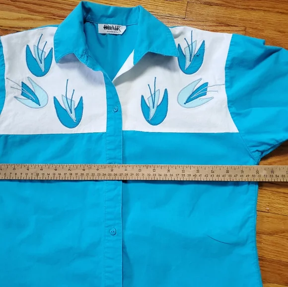 Vintage Blair Camp Shirt Blue White Atomic Applique Floral Medium - Picture 7 of 9